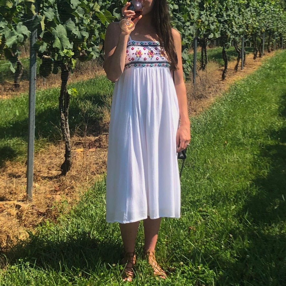 White Linen Midi Dress with Embroidered Detail